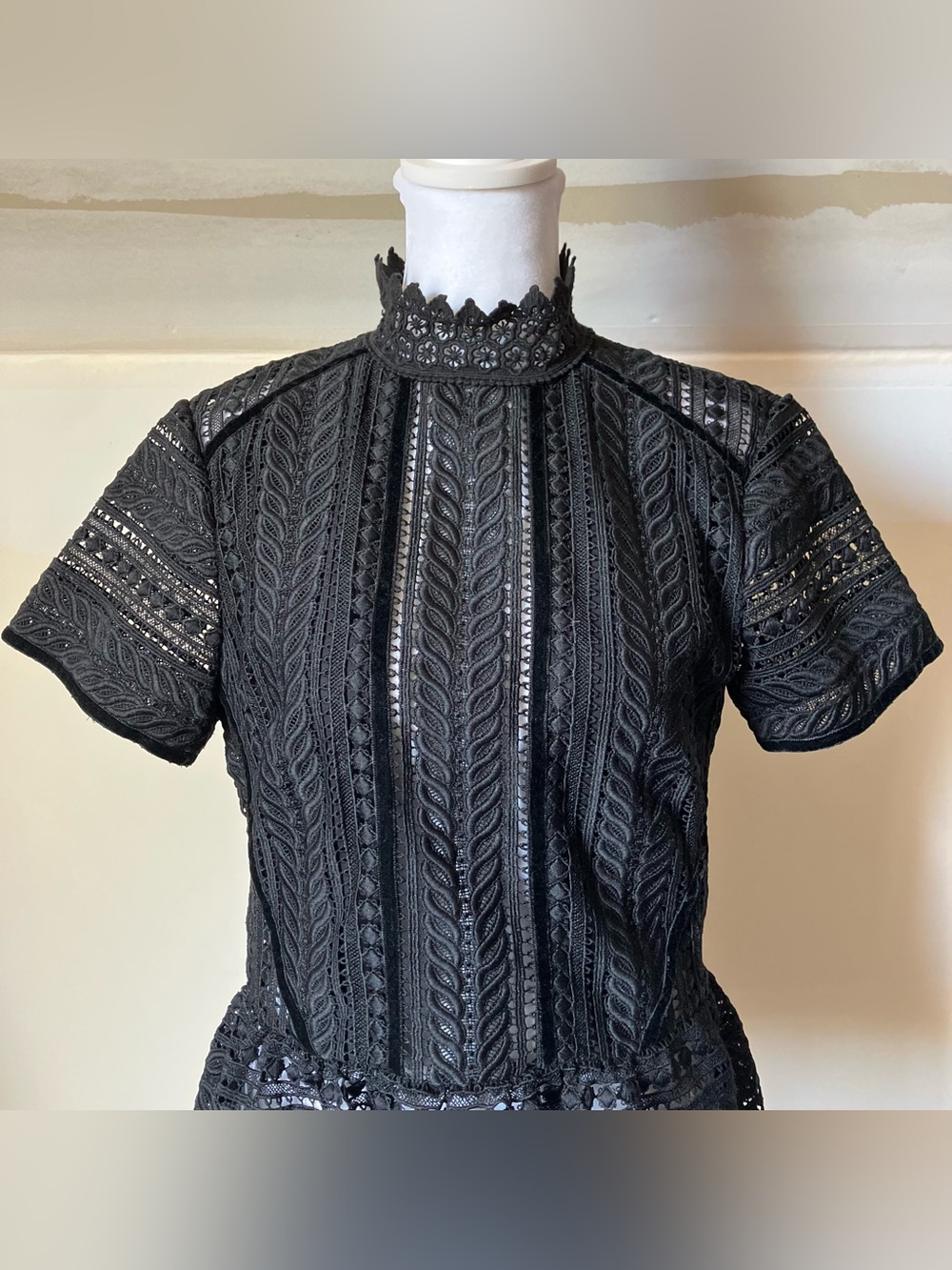 Perseverance London Black Lace Victorian High Neck Peplum Blouse Size 10 - Picture 6 of 11